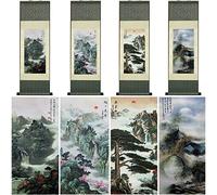 AtfArt 4 Pack Asian Wall Decor Silk Scroll Wall Art - Waterfall River Landscape - Beautiful Oriental Decor - Chinese Art Wall Scroll Hanging (4 Pack)