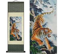 AtfArt Asian Wall Decor - Beautiful Silk Painting Animal - Tiger King Deterrence - Oriental Decor Chinese Art Wall Scroll (36.2 x 12 in)
