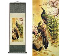 AtfArt Asian Wall Decor Beautiful Silk Scroll Painting Birds - Peacock - Cuiyu Pixia Oriental Decor Chinese Art Wall Scroll Wall Hanging Painting Scroll (36.2 x 12 in)