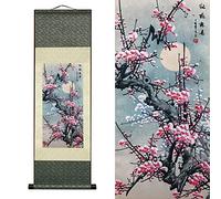 AtfArt Asian Wall Decor Beautiful Silk Scroll Painting Flowers - Plum - Red Plum Primula Primula Rubra Oriental Decor Chinese Art Wall Scroll Wall Hanging Painting Scroll (36.2 x 12 in)