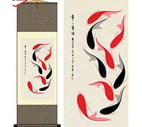 AtfArt Asian Wall Decor Beautiful Silk Scroll Painting Year Have Fish - Red Black Carp Oriental Decor Chinese Art Wall Scroll Wall Hanging Painting Scroll (39 x 12 in)