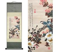 AtfArt Silk Roller Painting, Asian Wall Decor, Flower Bird, 36.2x12in