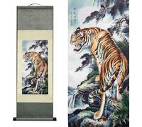AtfArt Silk Scroll Painting Asian Wall Decor Animal - Deterrence Tiger - Tiger Megatron Beautiful Chinese Art Wall Scroll Hanging Painting Scroll Oriental Decor(36.2x12in)