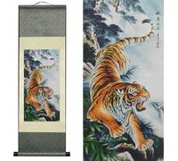 AtfArt Silk Scroll Painting Asian Wall Decor Animal - Deterrence Tiger - Tiger Might Big World Beautiful Chinese Art Wall Scroll Hanging Painting Scroll Oriental Decor(36.2x12in)