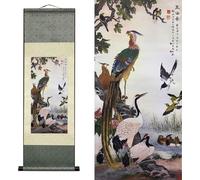 AtfArt Silk Scroll Painting, Asian Wall Decor Birds, 36.2x12in | Traditional Chinese Bird Art, Silk Wall Hanging Scroll, Oriental Home Decor for Living Room, Bedroom, Office