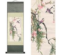 AtfArt Silk Scroll Painting Asian Wall Decor Birds and Flowers - Magpie - Spring Blossoms Beautiful Chinese Art Wall Scroll Hanging Painting Scroll Oriental Decor(36.2x12in)