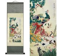 AtfArt Silk Scroll Painting Asian Wall Decor Birds - Hundred Birds Respect The Phoenix Beautiful Chinese Art Wall Scroll Hanging Painting Scroll Oriental Decor(36.2x12in)