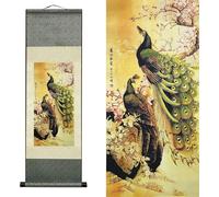 AtfArt Silk Scroll Painting Asian Wall Decor Birds - Peacock - Cui Yu Pi Xia Beautiful Chinese Art Wall Scroll Hanging Painting Scroll Oriental Decor(36.2x12in)