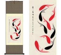 AtfArt Silk Scroll Painting Asian Wall Decor Fish - Year Have Fish - koi - Red Black Carp Beautiful Chinese Art Wall Scroll Hanging Painting Scroll Oriental Decor(36.2x12in)