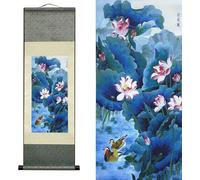 AtfArt Silk Scroll Painting Asian Wall Decor Flowers - Lotus Chart Beautiful Chinese Art Wall Scroll Hanging Painting Scroll Oriental Decor(36.2x12in)