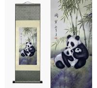 AtfArt Silk Scroll Painting, Asian Wall Decor Panda, 36.2x12in