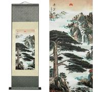 AtfArt Silk Scroll Painting - Asian Wall Decor River Landscape - The Pine Greeting Guests Chinese Art Wall Hanging Oriental Decor (36.2x12in)