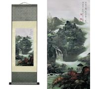 AtfArt Silk Scroll Painting - Asian Wall Decor Waterfall River Landscape - Mountain Spring Autumn Color Beautiful Chinese Art Wall Hanging Oriental Deco (36.2x12in)
