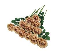 ATFL Brown Roses,12 Pcs Brown Flowers, Floral Diameter 4'',Artificial Fake Faux Silk Roses with Stems for Wedding Arrangement Centerpieces Party Home Table Decorations (Toffee)