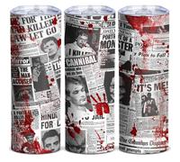 ATHAND Horror Cups Serial Horror Party Coffee Mug Serial Killer Halloween Gifts Newspaper Stories 20oz Skinny Tumbler With Lid Stainless Steel Travel Cup (Pack of 1)