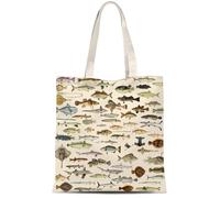 ATHAND Ocean Fish Canvas Tote Bag with Zipper Inner Pocket,Funny Reusable Shopping Grocery Bags for Fish Lover