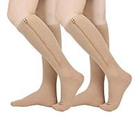Athbavib 2 Pairs Zipper Compression Socks Women and Men, Closed Toe Compression Stocking, 15-20 mmHg Knee high compression socks for Edema, Varicose Veins, Swollen Sore, Beige, S-M