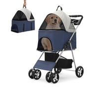 Athena Collection 4-Wheel Pet Stroller for Medium Dogs & Cats - Detachable Carrier, Cup Holder, Bottom Storage - Navy Black