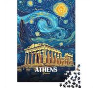 Athens Greece Starry Night Art 1000-Piece Jigsaw Puzzle for Adults, 38x26cm/1000pcs; Low-dust White Cardboard Pieces; for Quiet Focus at Your Own Pace