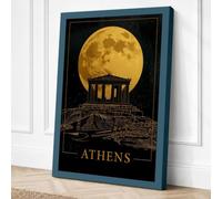 Athens Under Moon Vintage Canvas Wall Art Print 24x16 Inch (61 x 41 cm)