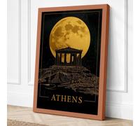 Athens Under Moon Vintage Canvas Wall Art Print 24x16 Inch (61 x 41 cm)
