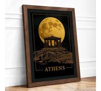 Athens Under Moon Vintage Framed Wall Art Print A1 (84.1×59.4cm) Walnut, Wall Decor for Living Room, Bedroom, Office & Home, Ready to Hang, Art Gift