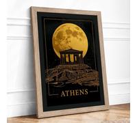 Athens Under Moon Vintage Framed Wall Art Print A2 (59.4×42cm) Oak, Wall Decor for Living Room, Bedroom, Office & Home, Ready to Hang, Art Gift