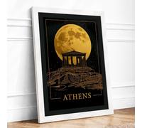 Athens Under Moon Vintage Framed Wall Art Print A2 (59.4×42cm) White, Wall Decor for Living Room, Bedroom, Office & Home, Ready to Hang, Art Gift
