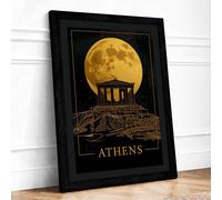 Athens Under Moon Vintage Framed Wall Art Print A3 (42×29.7cm) Black, Wall Decor for Living Room, Bedroom, Office & Home, Ready to Hang, Art Gift
