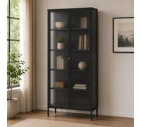 athero tall metal storage cabinet with 2 fluted glass doors in black
