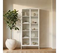 athero tall metal storage cabinet with 2 fluted glass doors in white