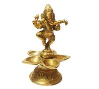 athizay Brass Dancing Ganesha Diya Lamp 5.2 Inch | Gold Finish 5-Wick Oil Lamp for Diwali, Pooja & Home Decoration | Handcrafted Indian Showpiece & Spiritual Gift