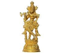 Athizay Lord Krishna Playing Flute Golden Brass Metal Statue Figurine (17x6.5x5 cms) for Home and Office