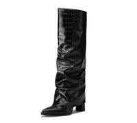 Athlefit Knee High Boots Women Chunky Fold Over Tall Boots | PU Leather, 3.17-inch High Heel, Pointed Toe, Inner Zipper, Slouchy, Easy On and Off, Weekend, Shopping, Women Fall Winter