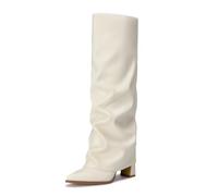 Athlefit Knee High Boots Women Chunky Fold Over Tall Boots | PU Leather, 3.17-inch High Heel, Pointed Toe, Inner Zipper, Slouchy, Easy On and Off, Weekend, Shopping, Women Fall Winter