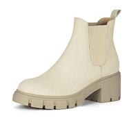 Athlefit Women's Chelsea Boots Fashion Lug Sole Chunky Heel Slip on Elastic Ankle Bootie, Beige, 7 UK