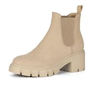 Athlefit Women's Chelsea Boots Fashion Lug Sole Chunky Heel Slip on Elastic Ankle Bootie, Nude, 4.5 UK