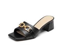 Athlefit Women's Raffia Heeled Sandals Square Open Toe Slip On Mules Chunky Block Heels with Metal Chain for Summer Vacation, Black Raffia, 5.5 UK