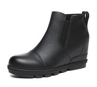 Athlefit Women's Wedge Ankle Boots Comfort Slip-On Waterproof Leather Platform Booties, Black, 5 UK