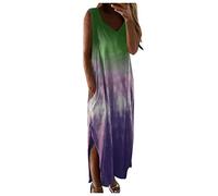 Athletic Dress for Women Pocket Long Tie-dye Sleeveless Dress Women Print Fashion Casual V-Neck Dress Women's Dress midi Dresses for Women (Green, L)