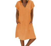 Athletic Dress for Women Women's Fashion Casual V Tie Pocket Solid Color Cotton and Lines Short Sleeve Dress Maxi Dresses for Women (Orange, XXL)