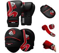 ATHLETIC GEARS SET - A Pair of Boxing Gloves, Boxing Pads, & Hand Wraps (Black, 6 oz)