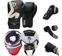 ATHLETIC GEARS SET - A Pair of Boxing Gloves, Boxing Pads, & Hand Wraps (Gold, 10 oz)