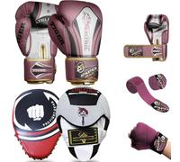 ATHLETIC GEARS SET - A Pair of Boxing Gloves, Boxing Pads, & Hand Wraps (Pink, 16 oz)