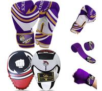 ATHLETIC GEARS SET - A Pair of Boxing Gloves, Boxing Pads, & Hand Wraps (Purple, 16 oz)