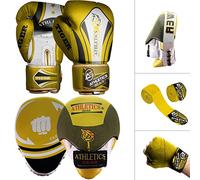 ATHLETIC GEARS SET - A Pair of Boxing Gloves, Boxing Pads, & Hand Wraps (Yellow, 14 oz)