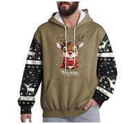 Athletic Short Sleeve Hoodie Men Men's Plush Hooded Sweatshirt Christmas Fawn Snowflake Fashion Print Top With Hood Drawstring Pockets Hoodie Dress (Khaki, XXL)