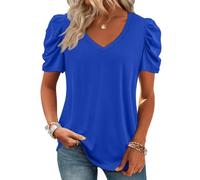 ATHMILE Womens Summer Shirt V Neck Casual Tshirts Puff Sleeve Tops for Women Trendy 2024 Tunic Solid Color, Royal Blue, M