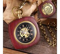 AthuAh Vintage Watch, Box Package Solid Wood Mechanical Pocket Watch Chain Locket Dial Hollow Steampunk Skeleton Mens Male Clock Watches Round 2(Rectangle)