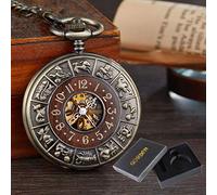 AthuAh Vintage Watch, Box Package Solid Wood Mechanical Pocket Watch Chain Locket Dial Hollow Steampunk Skeleton Mens Male Clock Watches Round 2(Watch2 with Box)